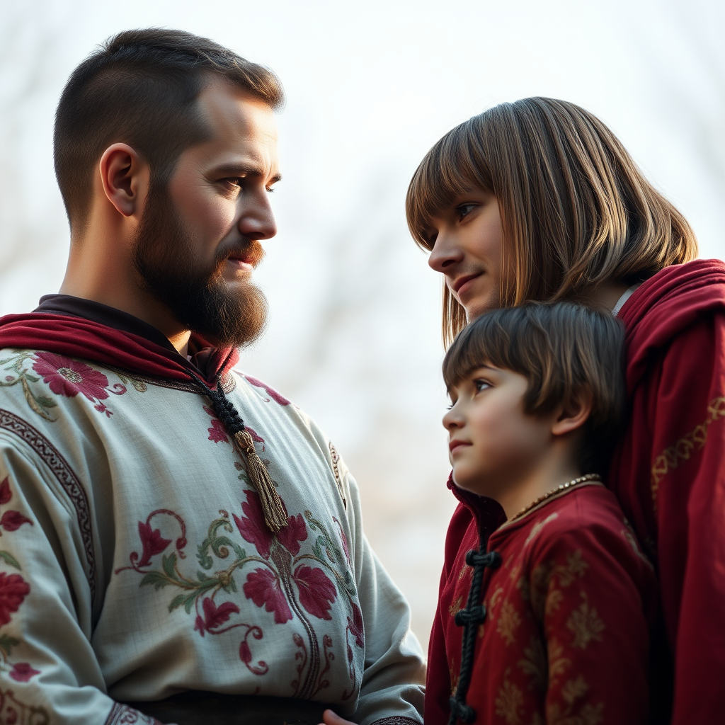 16yo teen boy, long bob cut, closely together with tall slightly bearded short-haired father, looking at each other, the boy is looking up from below, embroidered medieval cloths, ultra high resolution, 16K,