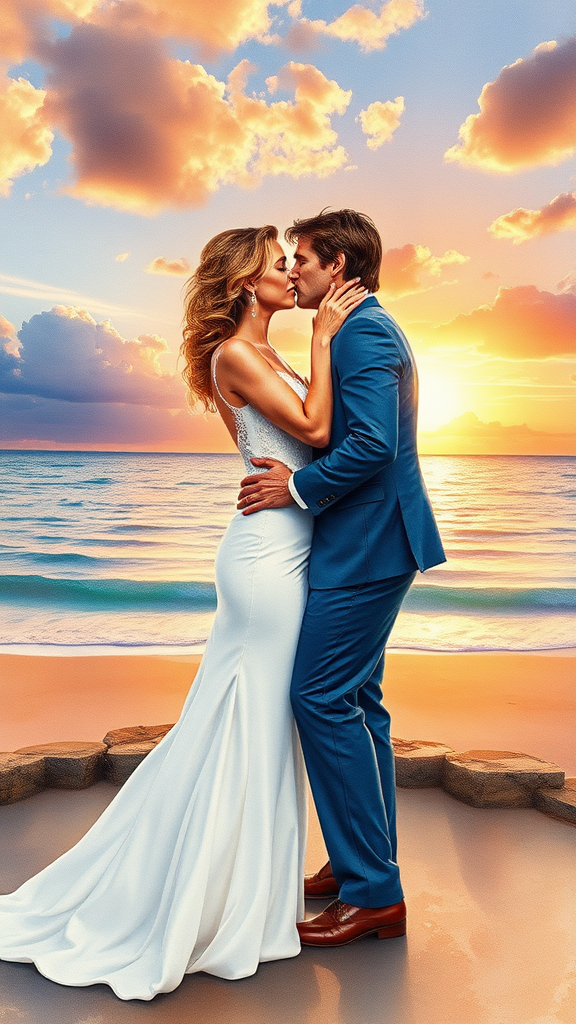 In watercolor painting, In the background, Nicole Kidman and Tom Cruise elegantly dressed, she heels and he patent leather shoes, he passionately kisses the bride, in the background the sea with a beautiful beach, sunset sky with the sun's rays with clouds. 16K ultra-high definition.