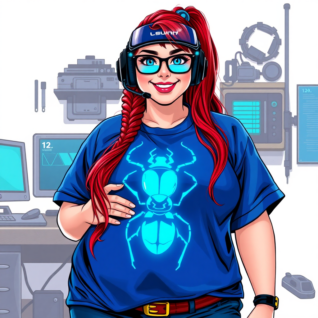 A cyberpunk vigilante’s full-figured intelligent and tech-savvy 29-year-old girlfriend, who is a computer hacker and tech genius. She has a long ruby red ponytail and bright blue eyes. She wears a sapphire beetle gemstone necklace, and an oversized maximum blue t-shirt featuring a giant neon blue glowing icon of a beetle on its chest. She has a full-figured physique with a prominently, gargantuan, well-rounded midsection, reflecting her well-cared-for lifestyle. The midsection is heavily emphasized. She sports a sapphire headset with hi-tech maximum turquoise lensed HUD visor, black eyeglasses, and a beaming smile with a passionate bright red blush. Despite her figure and a lack of self-esteem, she radiates an air of beauty. She has a slim face which contributes to her radiant beauty. She serves as his tech expert from his hideout, dutifully working at her workshop with a computer desk and tool bench. The background is solid white. She is drawn as if she was in a retro 2D cyberpunk fighting game. Ensure her shirt covers her midsection.