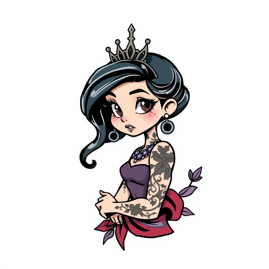 A modern tshirt design that features a gritty tattooed disney princess cartoon character. the image has a blank white background.