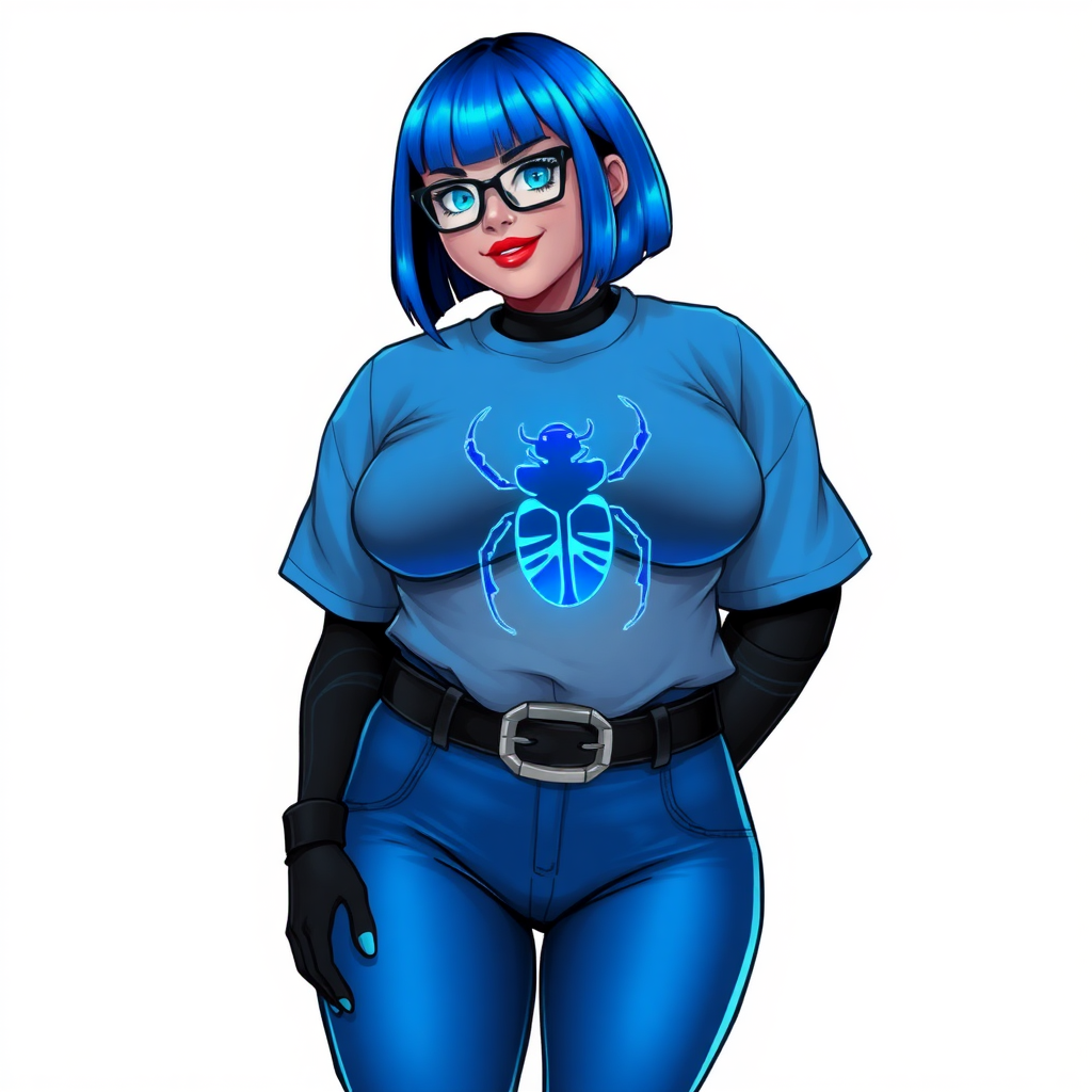 A 28-year-old, full-figured, middle gray metallic-skinned computer program-human hybrid with a maximum blue bob cut. She has a non-athletic build, highlighted by a prominent, round, large midsection. As a digital sidekick, computer hacker, and nerdy girlfriend to her cyberpunk vigilante boyfriend, her middle gray metallic skin and maximum blue lipstick emphasize her digital nature. She wears an oversized maximum blue shirt with a neon blue beetle chest icon, a black belt with a sapphire scarab buckle, maximum blue pants, and black gloves. Her bright blue eyes, black eyeglasses, and lovestruck smile with neon red blush accentuate her nerdiness. She stands bashfully with her hands behind her back, her bodysuit covering all her skin. Her physique is emphasized. She is on a solid white background. She is drawn as if she was in a retro 2D cyberpunk fighting game.