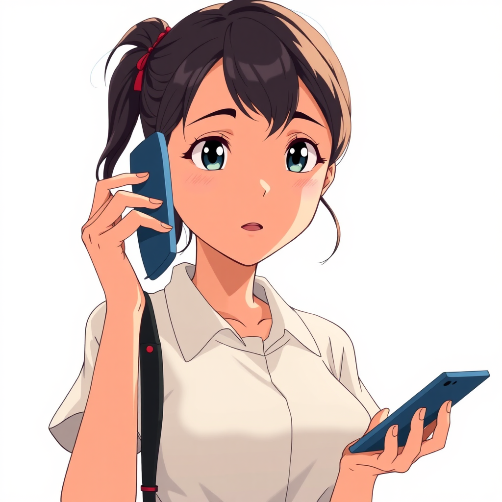 a woman holding a magnet and a magnet in her hand, and making a phone call, full-shot, anime wallpaper, breathtaking realistic, inspired by John Henry Kingsley, miyazaki's animated film, john stephens, centered, white background, perspective view.