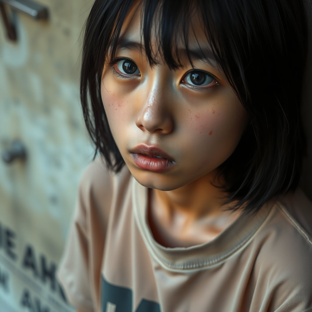 A homeless and sad and mystery and surreal Asian girl in a very old, transparent T-shirt, with black hair and black eyes is looking without hope in her eyes and a little bit crying.