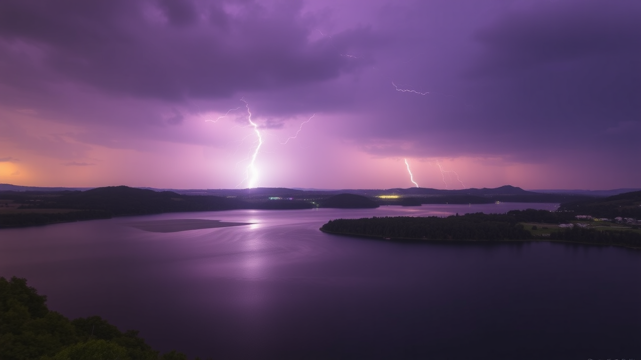 photo, lakes, purple sky, lightning