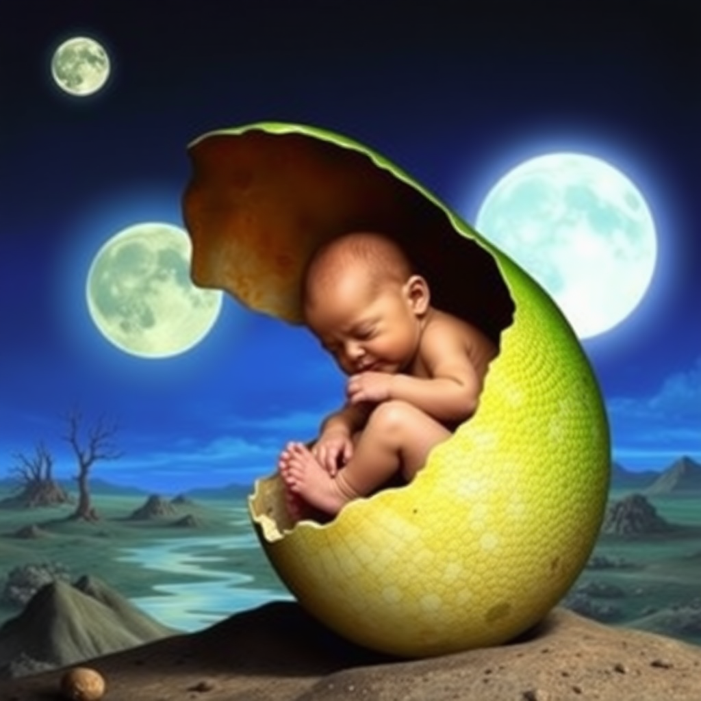 Create a mix picture in Salvador Dali Style. With a fresh Newborn Human Baby hatching from looks like a green reptile egg. Scene Moon landscape.