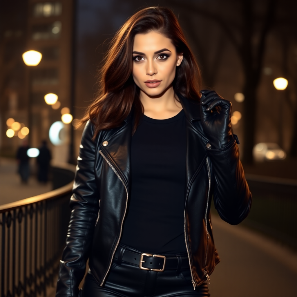 A beautiful brunette badass female burglar in black leather jacket over black t-shirt with black pants and gloves in Manhattan park at night.