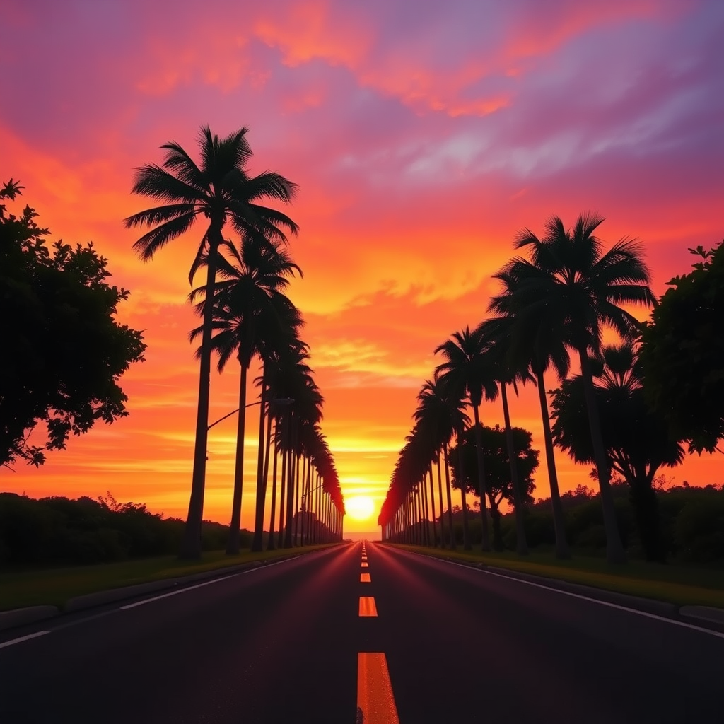 This is a tranquil sunset scene captured from a low angle, featuring tall palm trees expressed through an impressionistic aesthetic and a winding road that creates a boundary. The road has a noticeable yellow line that draws the viewer's gaze into the distance. The sky is breathtakingly blended with warm oranges, deep purples, and soft pinks, reflecting the atmosphere of a serene golden hour. The soft silhouettes of lush greenery on both sides create a sense of depth, while the fading sunlight casts gentle shadows.