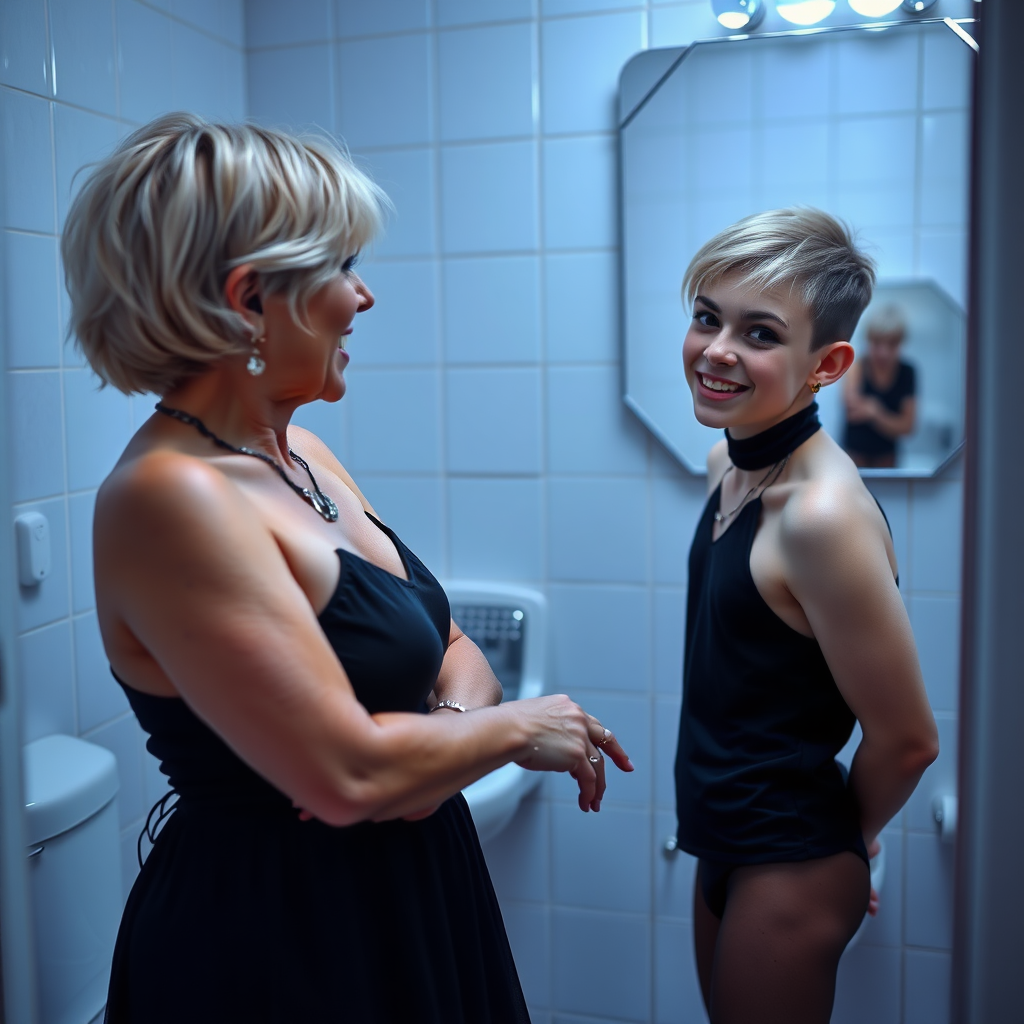 photorealistic, ultra high resolution, 16K, surreal fantasy, studio lighting, a 35 year old mother who is fully dressed for work is watching her pretty 14 year old goth son, slim male physique, short blonde hair, goth makeup, earrings, pantyhose, white ballet shoes, in the bathroom, excited smile, facing the camera.