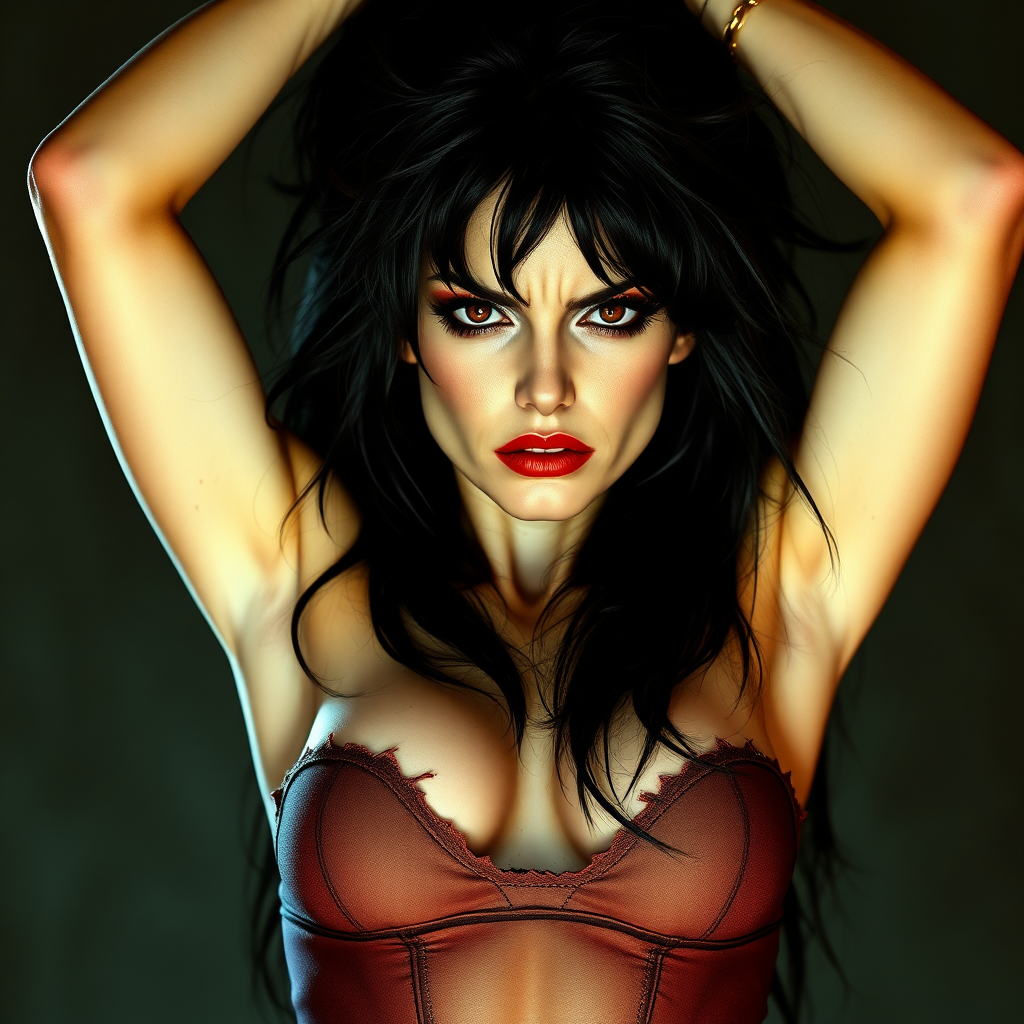 Vampirella frowning with her arms up and her hands plunging into her thick hair. Her thin fabric bodice is torn and her hair is messy. In high definition digital photograph.