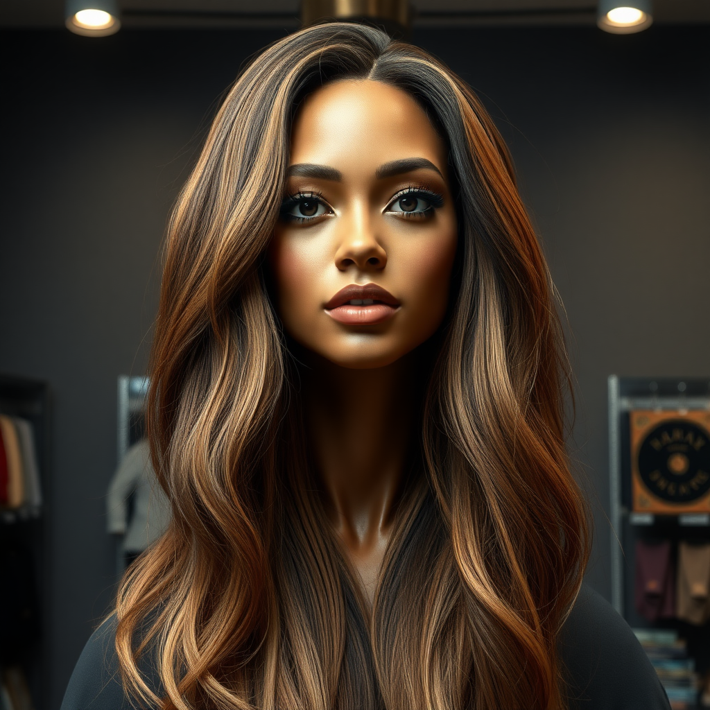 In a well lit, eccentric long hair fetish store, a strikingly unique and surreal display draws attention: the real live, flesh-and-blood disembodied head of a stunning woman reminiscent of Beyoncé, her long, flowing hair cascading like a silky waterfall around her neck. The luxurious strands shimmer with intricate highlights, ranging from deep ebony to sun-kissed gold, accentuating her perfectly sculpted features. Her captivating, dark eyes glisten with an enigmatic allure, expressing an uncanny mix of grace and mischief. 

The background is a plain, muted gray, contrasting sharply with the vibrant beauty of the head and her extravagant hair, allowing viewers to fully focus on the astonishing sight.

The shop’s interior is designed to celebrate the beauty and allure of very long hair.