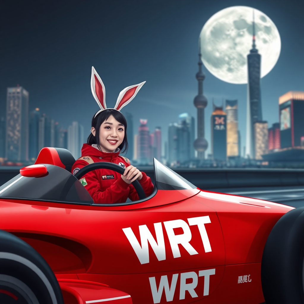 The red racing car only has "WRT" written on its body, and a Chinese beauty racer wearing rabbit ears is smiling while driving. The red racing suit also only has "WRT" written on it, with the background featuring the night view of Shanghai and a giant moon.