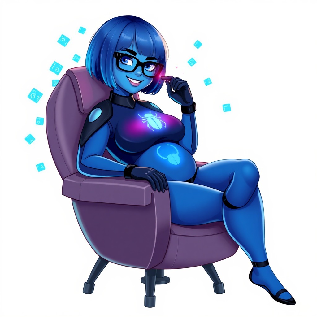 A heavily, extremely, and intensely pampered nerdy full-figured maximum blue skinned digital sidekick, a 28-year-old computer major, has been transformed by her doting vigilante boyfriend. Her striking blue skin and bob cut seamlessly integrate with her data, and her neon blue eyes glow with intelligence. Her physique, now showcasing a gargantuan round midsection, massive limbs, and broad shoulders, contrasted by a slim face, clearly reflects her indulgence and pampering. Her full figure is prominently highlighted, with her gargantuan, rounded midsection and massive limbs emphasizing her pampered status. As the loyal and supportive sidekick, she plays a crucial role in their missions, using her digital prowess to assist and protect.

She wears a digital, computerized maximum blue bodysuit blending with her hair and skin, featuring a glowing neon blue beetle chest icon and matching high-tech gloves. She bashfully giggles with a neon red blush, emitting neon blue data cubes from her body. Her full figure, now even more plump and heavily emphasized by her nerdy appearance, clearly shows how pampered she is. Her nerdiness is accentuated by her black oversized eyeglasses.

Her outfit, influenced by DC’s Jennifer Knight Phantom Lady, remains distinct. Adding to her pampering, she serves as his minicomputer, traveling in his high-tech wristwatch and supercar’s computer system. Using her ability to hack into computers and machines, she relays crucial knowledge relating to his missions.

In her new pose, she sits comfortably on a plush, high-tech chair with one leg crossed over the other, her oversized glasses slightly askew as she adjusts them with a bashful smile. Her relaxed posture and content expression, combined with the glowing data cubes around her, clearly reflect her status as a heavily pampered, nerdy digital sidekick. Her gargantuan, rounded midsection and massive limbs are prominently displayed, emphasizing her indulgence and pampering while maintaining her nerdy physique. She is on a solid white background. She is drawn as if she was in a retro 2D cyberpunk fighting game. Ensure her skin tone is distinct from Inside Out's Sadness and any other character.