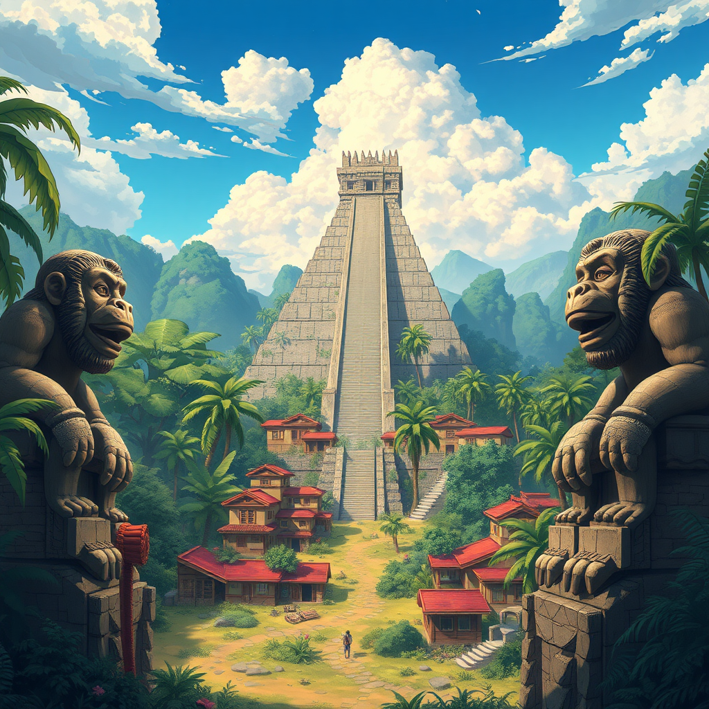 A visually stunning depiction of an anime-style landscape featuring a lush jungle realm, characterized by an ancient Mayan-inspired city filled with homes made of stone bricks and stone structures. Dominating the scene is a colossal pyramid temple, flanked by two impressive stone monkey statues.