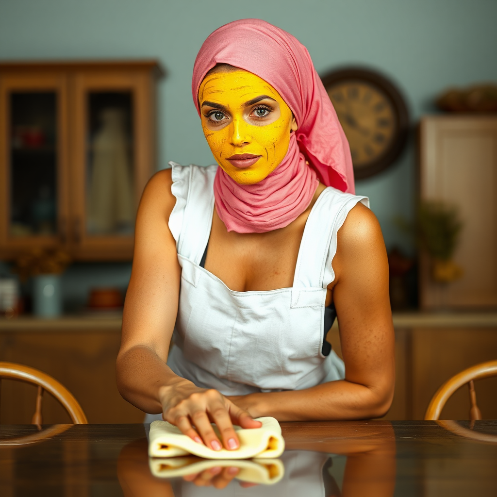 slim, 30 year old, sexy, french maid, pink scarf head, turmeric face pack. She is cleaning a table with a cloth