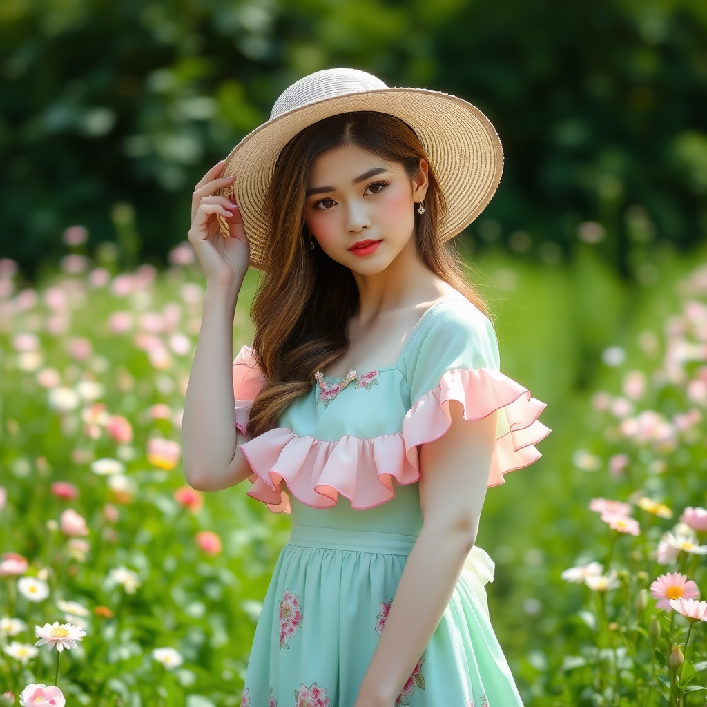 A young woman stands in a lush field of flowers, wearing a pastel green dress adorned with pink ruffles and floral patterns. She holds a wide-brimmed hat, her hair cascading in soft waves, as she gazes softly at the camera. The background features greenery and blooming flowers, creating a serene, romantic atmosphere.