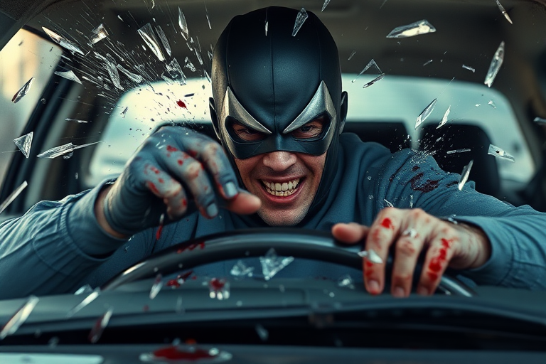 Realistic. Glass breaking as Masked Superhero in car crash propelled forward with tortured face over steering wheel and out through windshield of car and out over hood of car. Blood and glass flying. Mask being torn from face by breaking windshield.