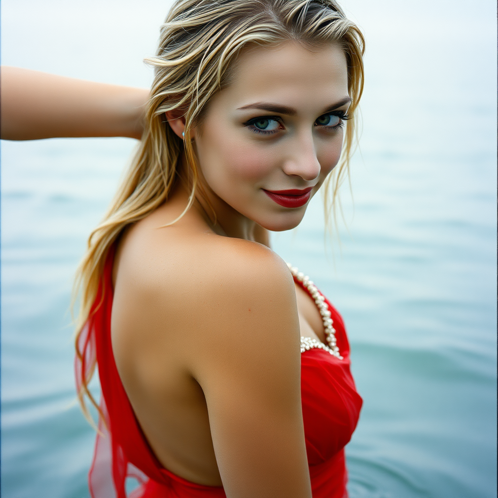 close up image of a twentysomething soaking wet woman, with seductive eyes and blonde wet hair posing for photos, standing in a the sea.. She is wearing a soaking wet red prom dress, with beading around the neckline and back. She has red lipstick, has a slight smile, has her head tilted back partially with her left hand behind her head, Image taken in 2005, is messy, lo-fi, hyperrealistic photograph from a fujifilm disposable camera. 320p resolution.