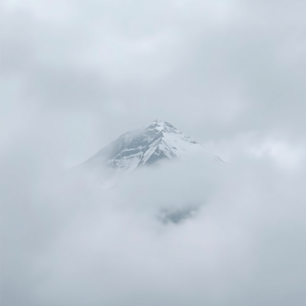 In a murky atmosphere, a snow-covered mountain emerges from thick, swirling clouds. The peak presents a jagged and dramatic silhouette against an eternal backdrop, showcasing a muted palette of grays and whites. While the fog cloaks the low altitudes, soft shadows accentuate the rugged terrain, imparting a sense of mystery and depth. This scene embodies hyper-realistic aesthetics, capturing the stark beauty and solitude of a winter wilderness, evoking awe and tranquility.