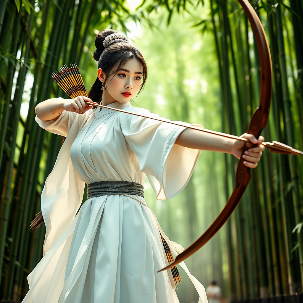 From the perspective of the whole body, a beautiful woman in the Tang Dynasty of China, a chivalrous woman, dressed in white, pulled a bow and arrow in the bamboo forest. Movie poster, game cg. Complete bows and arrows, not incomplete bows and arrows.