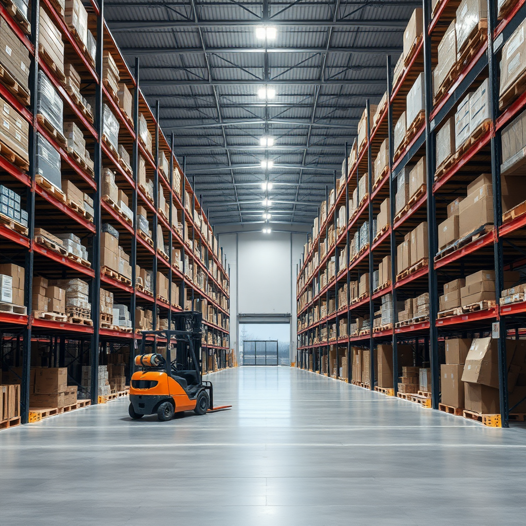 Create a high-resolution photo of a modern warehouse interior. The scene should include tall shelves filled with various boxes and products, a spacious layout with clear concrete pathways, and bright overhead lighting. Include a forklift without an operator and a partially open gate in the distance. The overall atmosphere should convey efficiency and organization, with a clean and professional look. No text, no humans.