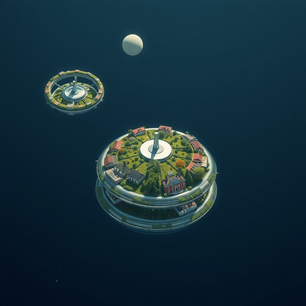 Three space stations parallel to each other, each with 5 glass doughnut rings stacked on a metal rod in the center, are orbiting a grey planet at a distance. Each ring contains neighborhoods of houses and is full of plants, trees, bushes, flowers, and grass.