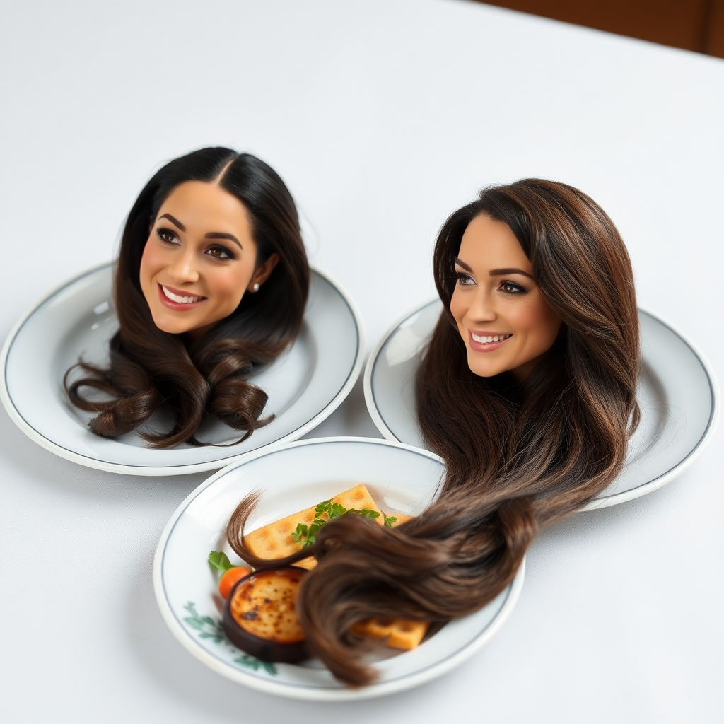 The disembodied heads of very long haired Meghan Markle and Kate Middleton served on plates.