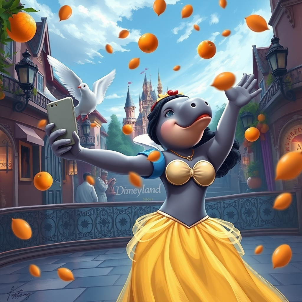 digital painting of a pigeon snow white princess taking a selfie in disneyland, an ariel hippo-mermaid dancing, oranges falling from the sky