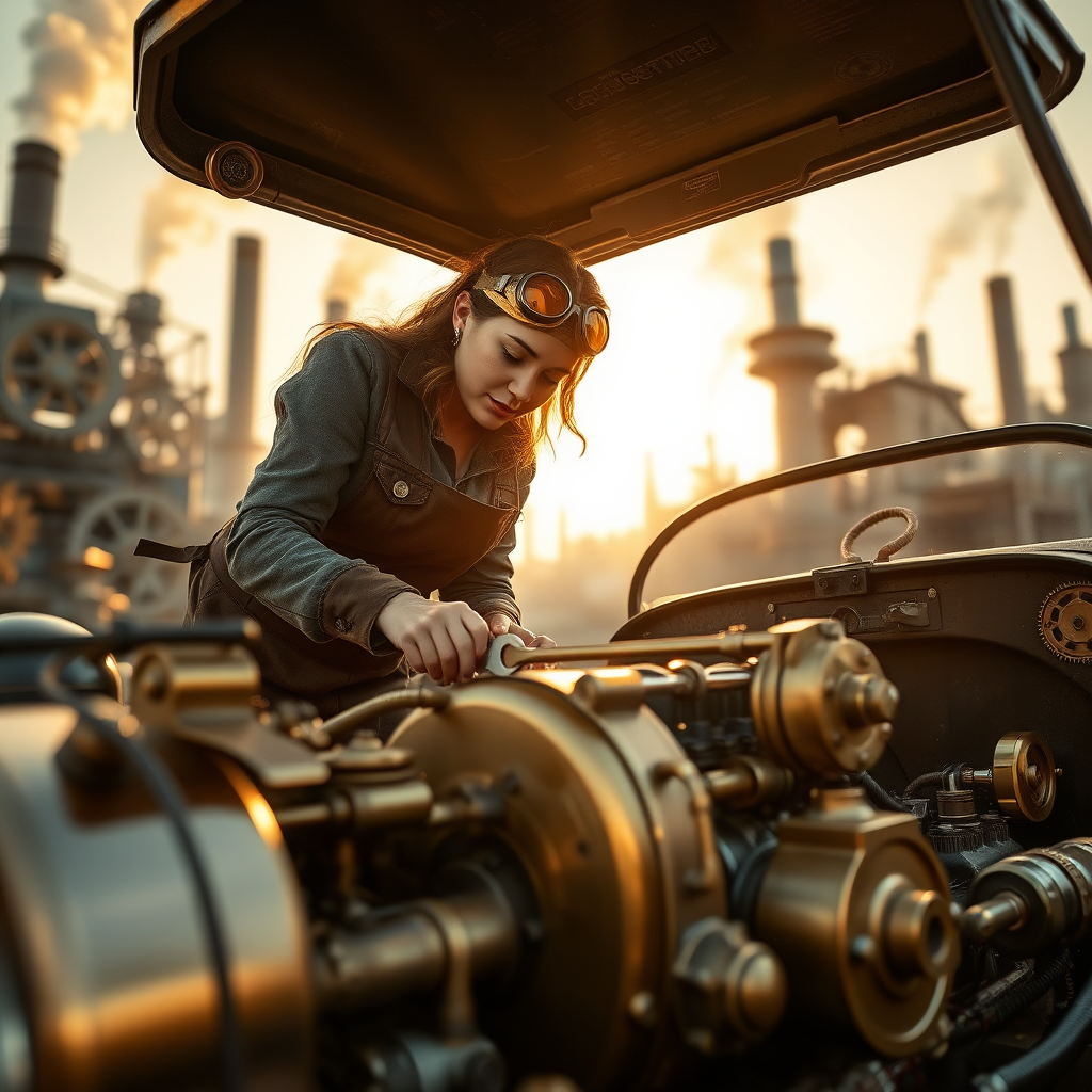 A highly detailed, hyper-realistic professional photo of a steampunk-style vintage car with intricate brass gears and copper pipes, the car's hood open revealing the mechanical engine inside. A woman in steampunk attire leans over, inspecting the engine with a wrench in hand, wearing leather apron and goggles. The scene is set during the golden hour, with warm sunlight reflecting off the brass components and casting soft highlights on the woman. The background is a blurred industrial steampunk cityscape with gears, chimneys, and smoke rising faintly, creating a sense of depth and atmosphere. Captured from a low-angle perspective with a 35mm lens, the shallow depth of field ensures the car and the woman are in sharp focus while the background fades into softness. Every detail of the scene, from the scratches on the metal to the texture of the woman's clothing, is rendered in stunning detail, enhancing the steampunk aesthetic. Photorealistic, 8k resolution, Octane render, unreal engine quality.