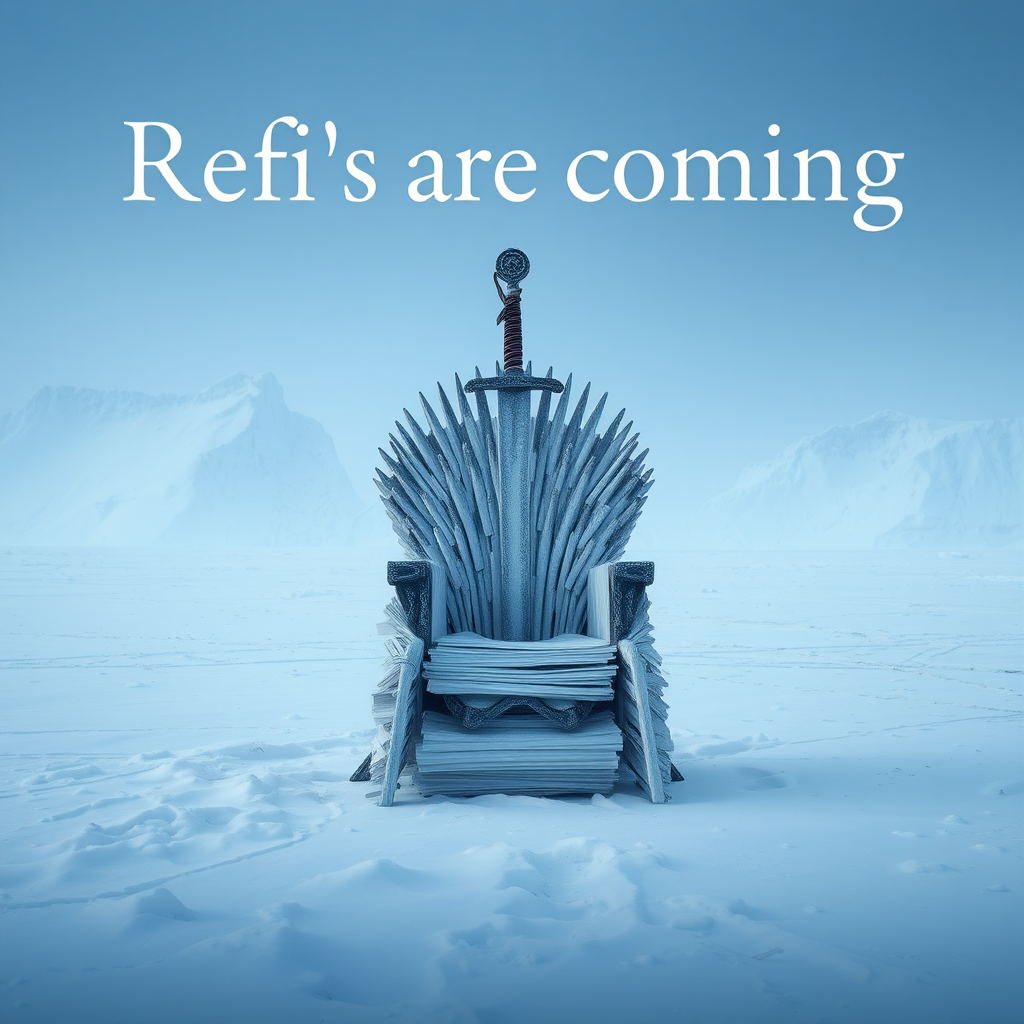 A legendary movie scene in Antarctica depicting the game of thrones sword chair made out of stacks of paper. The text in the background says “Refi’s are coming.” Epic theme and high quality cinematic elements. No animals or people. Winter storm, epic legendary shot. Stunning visuals.