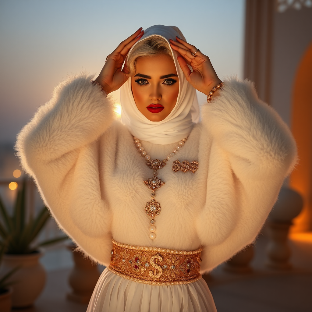 Kuwait desert palace harem patio misty dawn: Melissa, European 17 years old very convincing femboy “trophy-bimbo”, tamed servile docile, very beautiful feminine flawless face, rather short, by hormones very curvaceous womanly figured, platinum blond short tight curls, bold red lips, heavily made-up face, wearing Supertanya-style fluffy very fuzzy bright white angora turtleneck-poncho cropped ending under bust decorated with pearls and gemstones, striking oriental wide gold bridal protection belt, white fully transparent harem pants, full Oriental bridal jewelry, face covered by white sheer full Burka, coin anklets, striking diamond “$$$” letter brooch on left chest, pout frustrated, seductively dancing hands over her head, looking at camera. Focus on face and turtleneck-poncho.