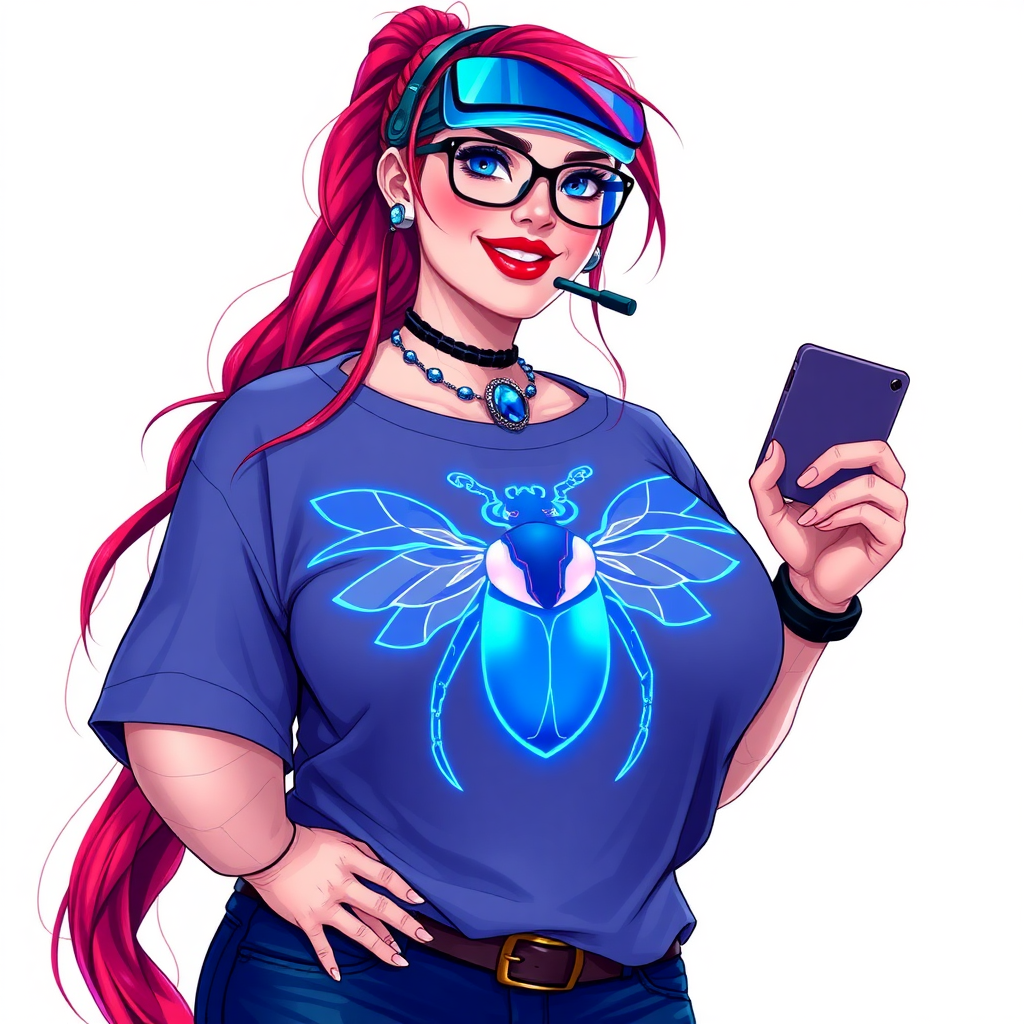 A cyberpunk vigilante’s full-figured intelligent and tech-savvy 29-year-old girlfriend, who is a computer hacker and tech genius. She has a long ruby red ponytail and bright blue eyes. She wears a sapphire beetle gemstone necklace, and an oversized Maximum Blue (RGB 71, 171, 204) t-shirt featuring a giant neon blue glowing chest icon of a winged beetle. She has a full-figured physique with a prominent, gargantuan, round midsection, reflecting her well-cared-for lifestyle. The midsection is heavily emphasized. She sports a sapphire headset with hi-tech Maximum Blue (RGB 71, 171, 204) lensed HUD visor, Maximum Blue (RGB 71, 171, 204) lipstick, black eyeglasses, and a beaming smile with a passionate bright red blush. Despite her figure and a lack of self-esteem, she radiates an air of beauty. She has an angular face which contributes to her radiant beauty. She serves as his tech expert from his hideout, holding a holographic tablet and a hi-tech tool wrench. The background is solid white. She is drawn as if she was in a retro 2D cyberpunk fighting game. Make sure her shirt covers her round midsection.