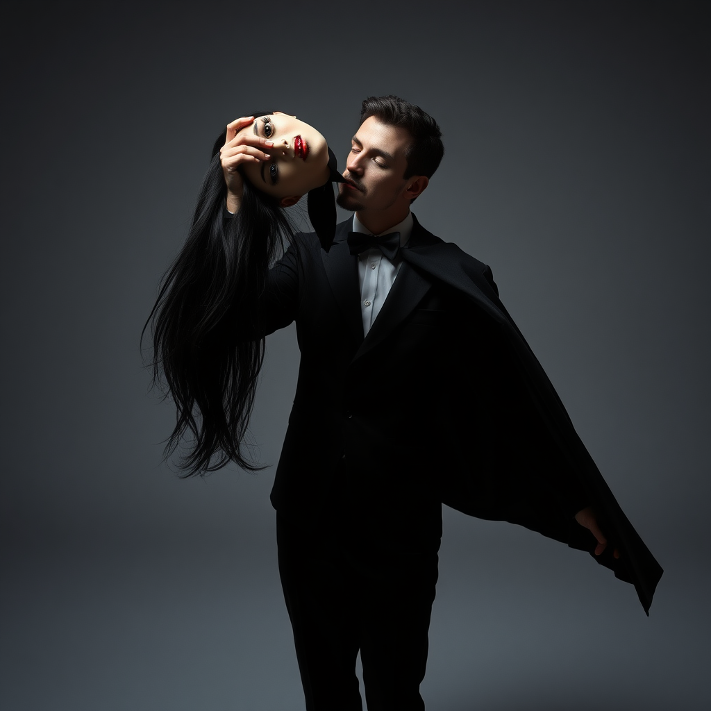 In a well lit room with stark minimalist decor, a magician stands confidently before the camera, his sharp silhouette contrasting against the plain gray background. The atmosphere is thick with a blend of intrigue and eeriness as he holds aloft the severed head of his long-haired female assistant. Her flowing locks cascade around his fingers, glistening dark and vibrant as they catch the light. The magician, with an enigmatic smile, leans forward, pressing his lips to her cold mouth in a disturbing display of affection.

The scene is quiet, except for the soft rustle of fabric as the magician’s cape drapes dramatically around him. A faint chill seems to fill the air, heightening the surreal and macabre nature of the tableau. The head’s lifeless eyes, framed by long lashes, still reflect a glimmer of magic and mystery, inviting the viewer to question the boundary between illusion and reality. The minimalist decor emphasizes the unsettling focal point of the performance, leaving the audience trapped in a moment that is both captivating and chilling.