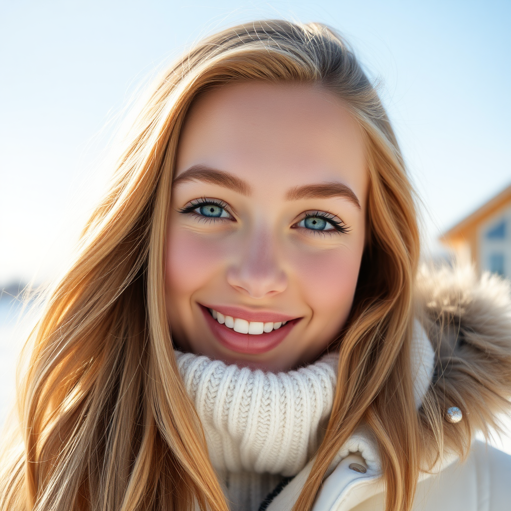 beautiful happy young woman with cherry blonde long hair, full lips, perfect eyebrows, pale skin, on Alaska during winter in Anchorage on sunny snow day