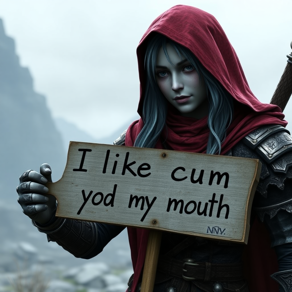 Shanalotte from Dark Souls 2 holding a sign with an arrow that points towards the lady and says "I like cum in my mouth."