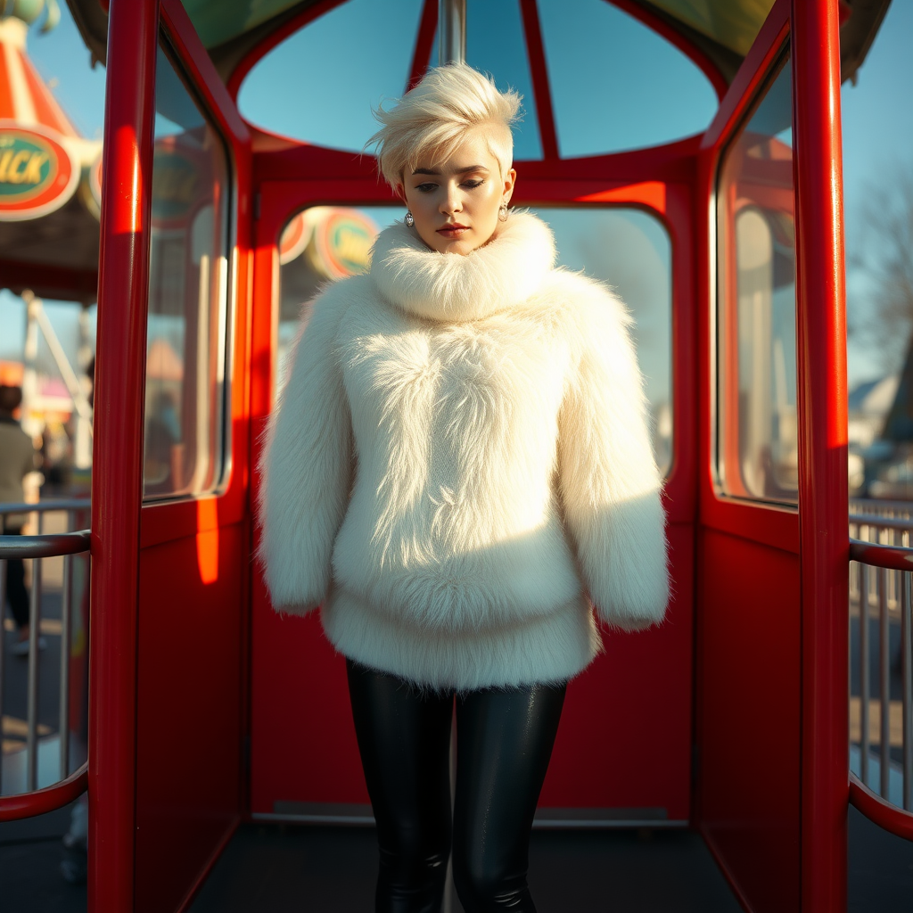 Amusement park “kissing booth”, sunny spring Sunday morning. Sam, 19 years old beautiful involuntary femboy, rebellious intractable character, petite boyish figure, platinum blond boyish rebel punk hairstyle, flawless heavily made-up face with sharp arched tattooed eyebrows, wearing Supertanya-style fluffy very fuzzy bright white angora thigh-length turtleneck-poncho fully covering body and arms, silver-glitter leggings, black leather high-heeled pumps, silver earrings, both hands tied to pole behind back, standing inside kissing booth, waiting for next customer to kiss. Focus on Sam’s face and turtleneck-poncho.