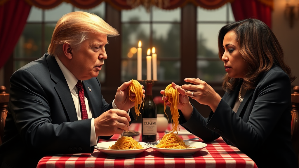 Photoreal style. ratio: 16:9. Donald Trump and Kamala Harris eating in an Italian restaurant a la the one in 'Lady and the Tramp.' Checkered tablecloth, Chianti bottle used as a candle holder. Both humans are eating spaghetti from the *same* plate with their hands, and end up eating the same piece of spaghetti, making their heads meet.