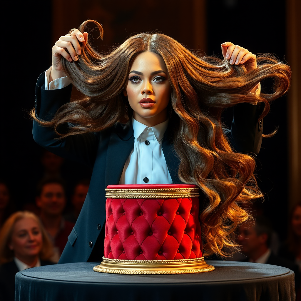 A magician captivates the audience with a stunning display of illusion. Atop an ornate velvet display stand rests the glamorous head of Beyoncé, her radiant complexion and striking features enhanced by glimmers of stage lighting. Her remarkably long hair cascades elegantly, flowing like a waterfall of rich, dark silk, and the strands glisten with hints of gold as they catch the soft light.

The magician holds up the luxurious mane with a flourish, spreading it wide for everyone to admire. The air is charged with suspense as he expertly manipulates the hair, twirling it gracefully around his fingers, creating mesmerizing shapes that seem almost alive.