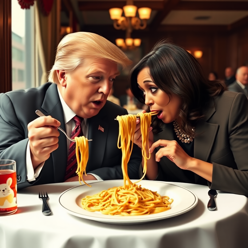 Photoreal style. Donald Trump and Kamala Harris eating in an Italian restaurant a la the one in 'Lady and the Tramp.' Both humans are eating spaghetti from the same plate, and like in the movie, they end up eating the same strand of pasta, making their heads close to each other.