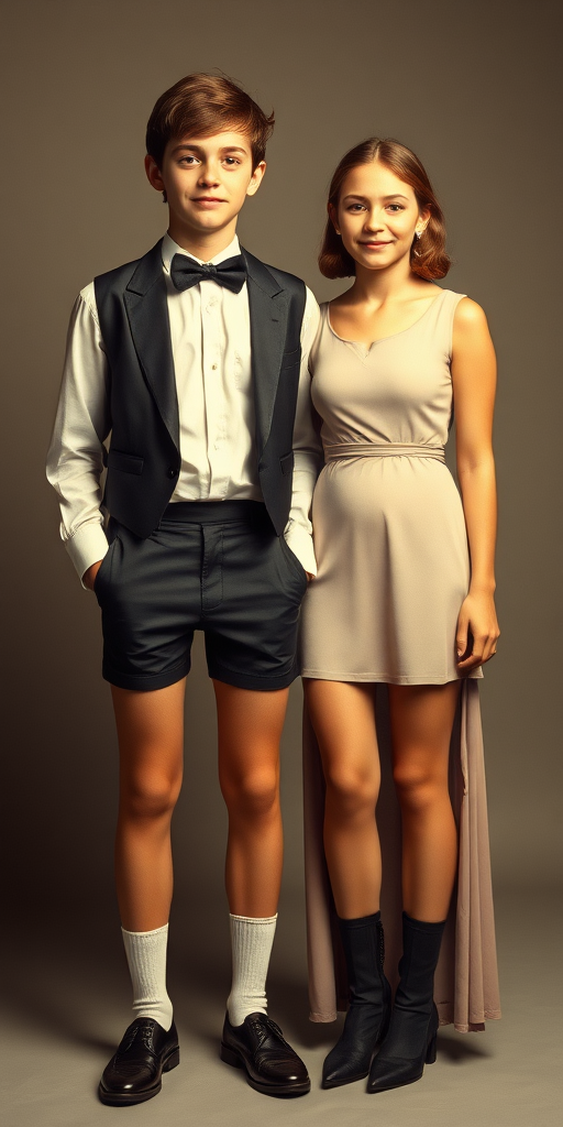 A tall 14yo teen boy, wearing bow tie, shirt, formal suit with very tight booty shorts, tube socks, shoes, long legs, narrow thighs. With a girl wearing long dress. full-length view. studio background. Family photo. 1980s.  
photorealistic, ultra high resolution, 16K,  
Negative: grainy, blurry, bad anatomy, extra limbs, watermark.