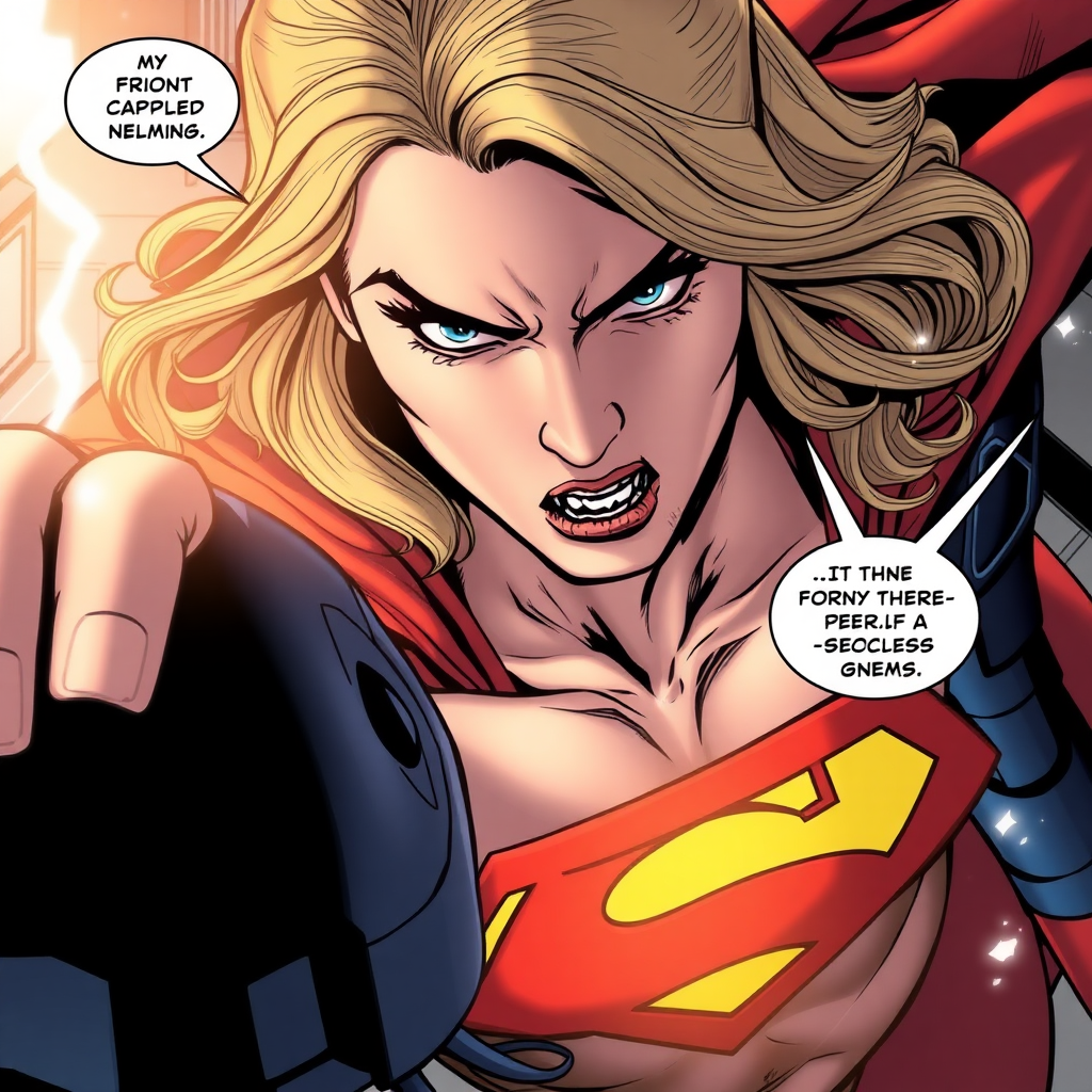 A snapshot from above of Supergirl angry at the enemy in front of her.