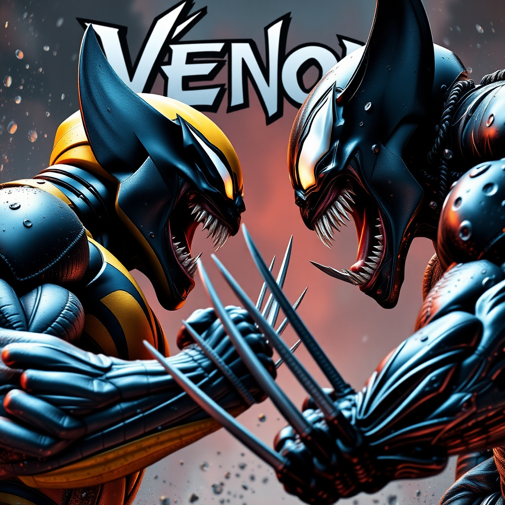 On a comic book cover is Venom Vs Wolverine in Cinematic Real3d photo-realistic quality.