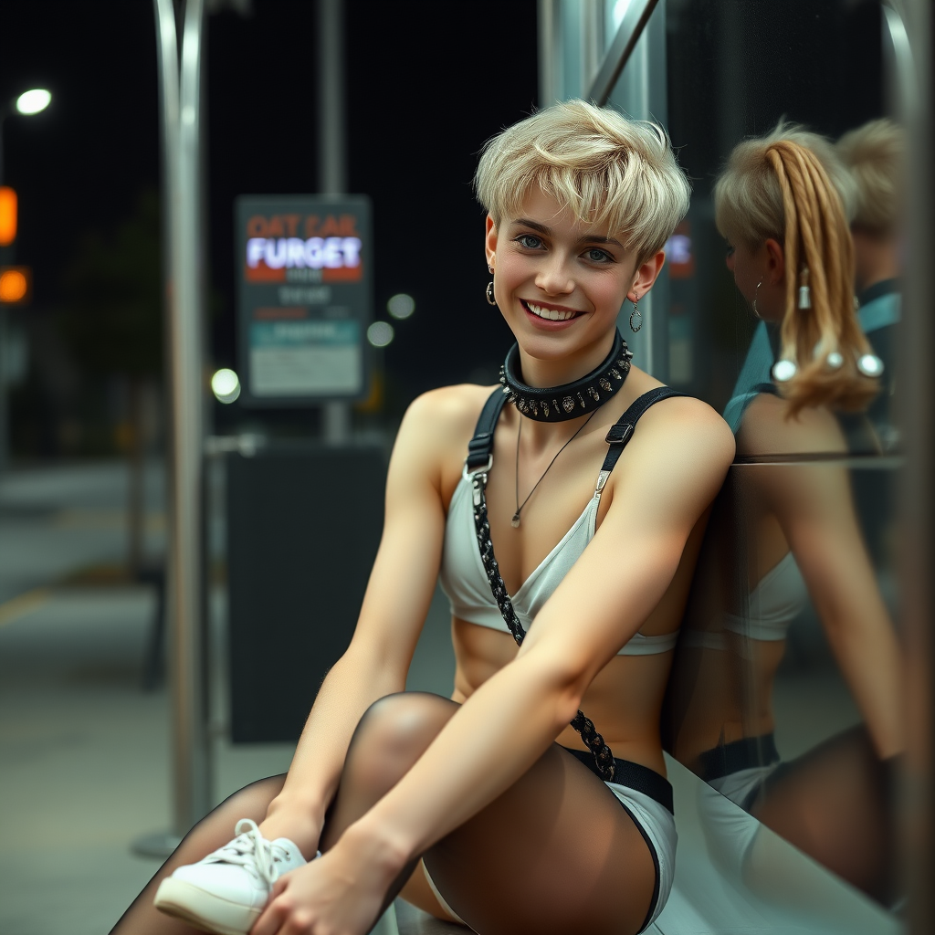 photorealistic, ultra high resolution, 16K, surreal fantasy, studio lighting, a pretty 16 year old goth boy, slim male physique, short blonde hair, goth makeup, earrings, pantyhose, harness, spikey dog collar and leash, trainer-bra, white ballet shoes, sitting at the bus stop, excited smile, facing the camera.