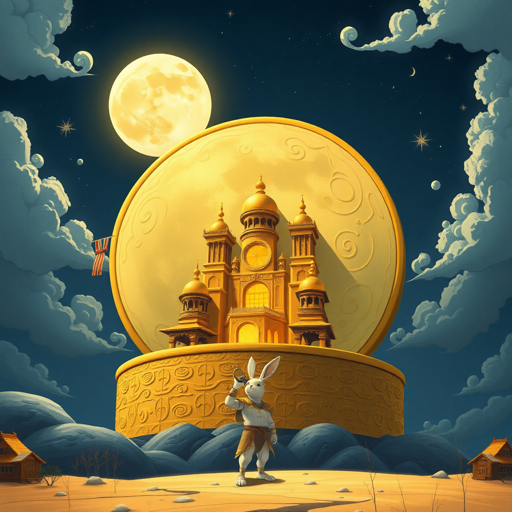 , by Matt Furie ,Giant illustration, a 300-meter-sized giant mooncake made of gold is placed on the surface of the moon. This huge moon cake has an opening door on the edge, which can be opened to see the magnificent palace inside. The tiny white rabbit knight stood under the mooncake and looked up. --ar 16:9 --sref https://s.mj.run/zWk2228cSWU --s 250