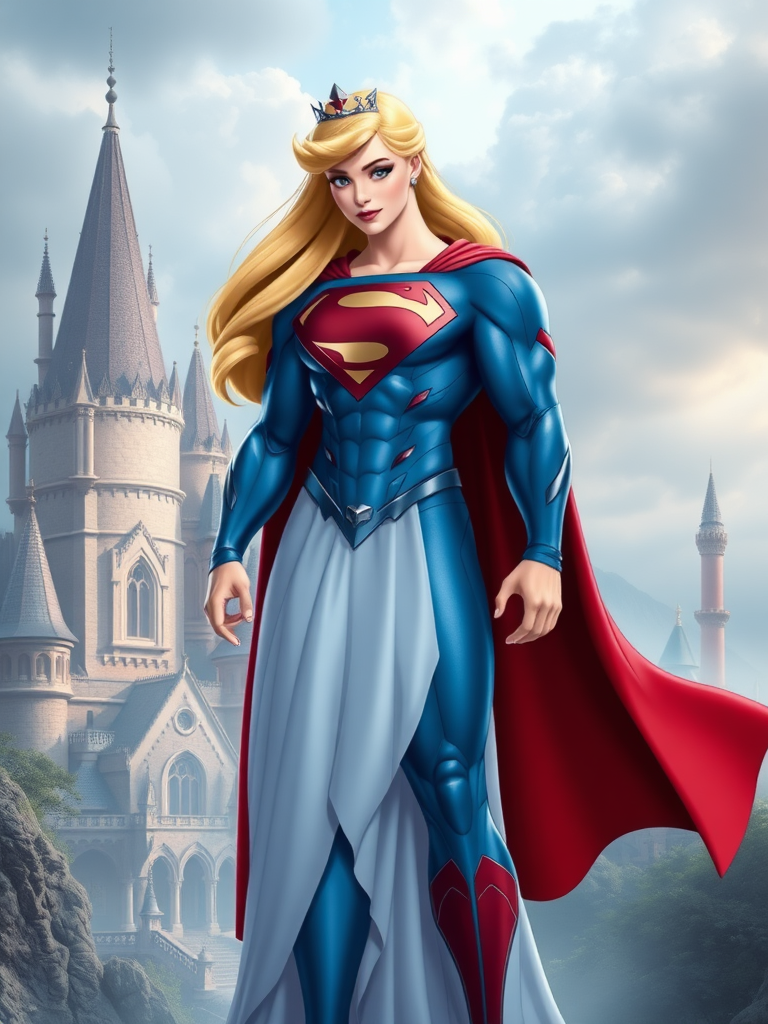 Generate a full-length image of Princess Aurora with the body type of Superman, while keeping her head intact. Make modifications to her body traits, such as enhancing her muscular structure, to match Superman's physique. Additionally, create an appropriate background that suits both characters, such as a blend of a fairytale castle and a futuristic cityscape. Please ensure the image is detailed, well-lit, and visually appealing.