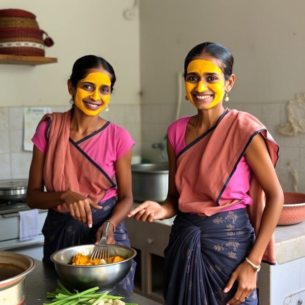 2 skinny, happy, traditional, 30-year-old Indian maids, wearing a blouse, skirt, and a short towel on their shoulder. They are preparing food in the kitchen. Their face is covered with a turmeric face mask.