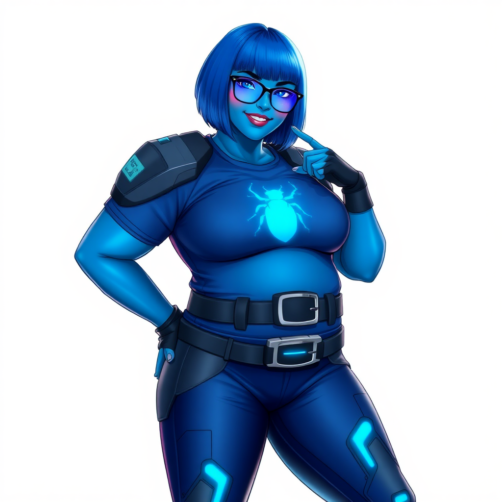 A 28-year-old, full-figured, metallic maximum blue (5PB 5/10) skinned computer program hybrid with a maximum blue bob cut. She has a non-athletic build, highlighted by a prominent, round, large midsection (with full emphasis on her round belly), which shows the effects of her love of junk food acquired from her boyfriend. As the full-figured, nerdy, digital sidekick to her cyberpunk vigilante boyfriend, her metallic maximum blue skin and maximum blue lipstick (5PB 5/12) emphasize her digital nature. Her skin has a subtle, animated glow, with digital patterns occasionally flickering across it, making her digital nature obvious. She wears a digital, computerized, superhero costume, consisting of a massive, tight-fitting, maximum blue t-shirt (5PB 5/12) made out of advanced nanotech with a neon blue chest icon of a beetle, hi-tech shoulder pads with neon blue accents, a black hi-tech belt with a digital neon blue glowing buckle, digital maximum blue biker pants (5PB 5/12) with neon blue accents, and black hi-tech fingerless biker gloves with neon blue glowing accents. Her neon blue glowing eyes, black eyeglasses with neon blue glowing lenses equipped with a built-in HUD, and bashful smile with neon red blush accentuate her nerdiness. She stands bashfully with one hand behind her back and the other hand gently touching her cheek, her costume covering all her skin (especially her midsection) and fully emphasizing her full figure (especially her round belly). She is clearly non-athletic, with a focus on her full-figured physique. Despite her build, she radiates beauty. She has a slim face compared to her physique, accentuating her radiant beauty. She is on a solid white background. She is drawn as if she were in a retro 2D cyberpunk fighting game.