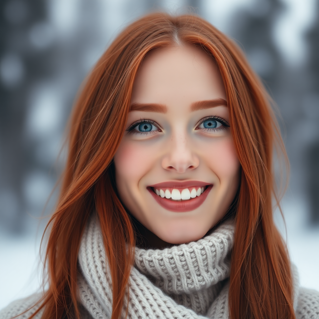 beautiful young woman with red long hair gorgeous smile, full lips, pale skin, on Alaska during winter