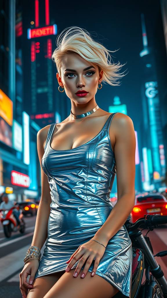 A fashion editorial close-up shot of a young woman with a short, sleek, platinum blonde haircut, standing in the middle of a futuristic metropolis at night. She wears a metallic silver dress paired with holographic accessories, reflecting the glowing neon lights of the city. The background features towering skyscrapers with futuristic signage, while flying cars zoom past in the distance. Her expression is bold and enigmatic as she stands confidently on a high-tech motorcycle, her hair catching the breeze from passing vehicles, creating a futuristic yet glamorous vibe.