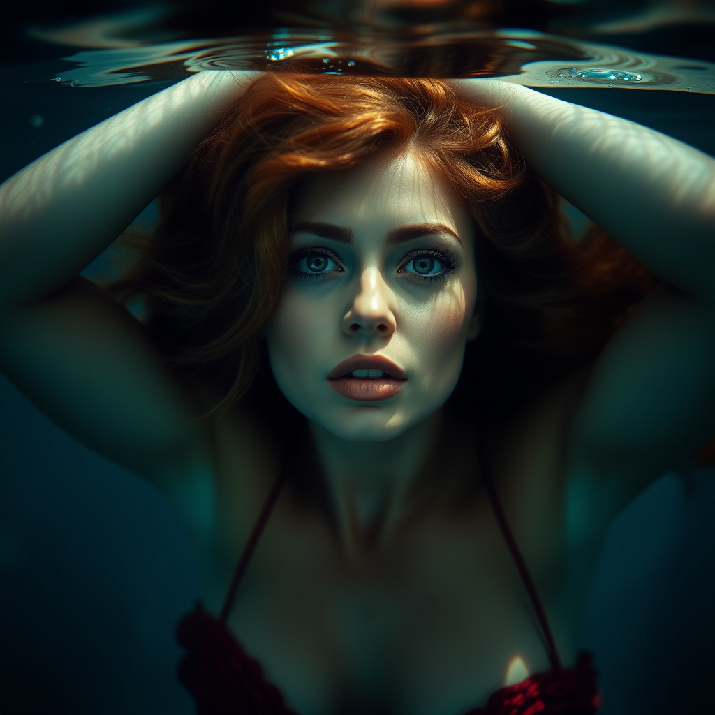 Lysette Anthony as a mermaid underwater, hair floating in a nimbus around her beautiful face, her arms up over her head and she's looking down into the viewer's eyes, making intense eye contact.