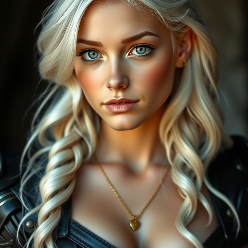 Portrait of a beautiful young woman with long wavy platinum blonde hair, green eyes, a suntan, light brown eyebrows, and large breasts. She is wearing black leather armor and a gold necklace with a small heart pendant.